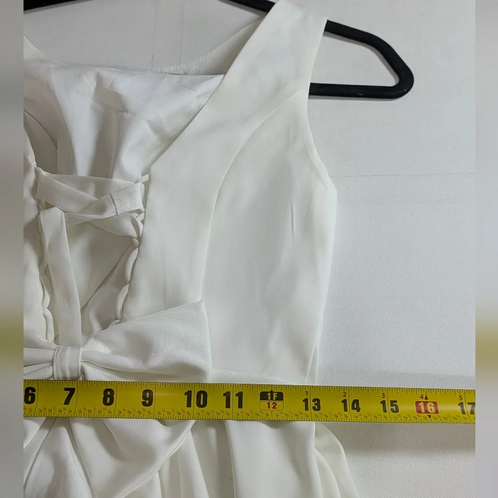 Off White Boatneck Midi Wedding Dress Romantic Lace-Up Back and bow Sz 6 NEW - Picture 13 of 16